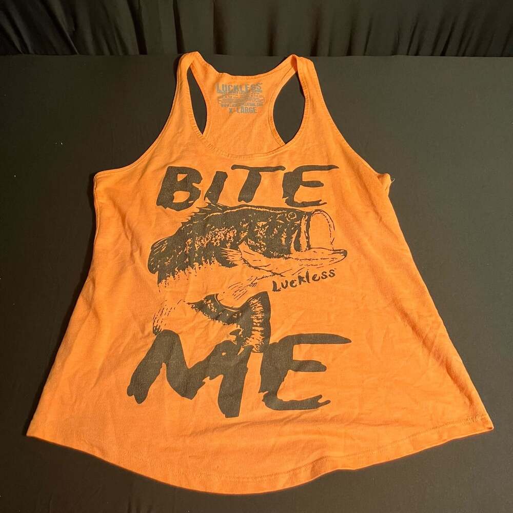 Luckless Tank Top Size XL Orange Bite Me Bass Fish